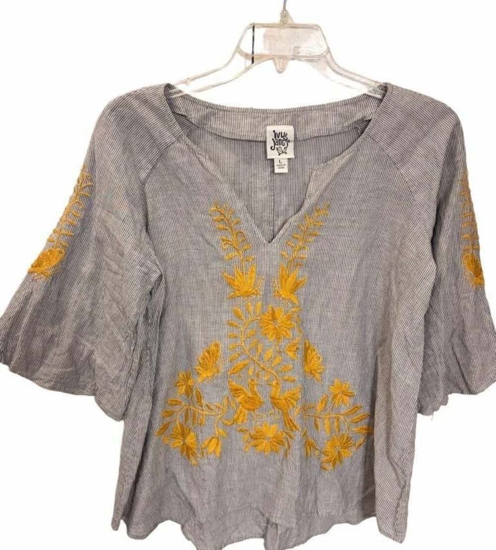 Ivy Jane Women’s Large Embroidered Bird Floral Stripe Boho Peasant Blouse Top